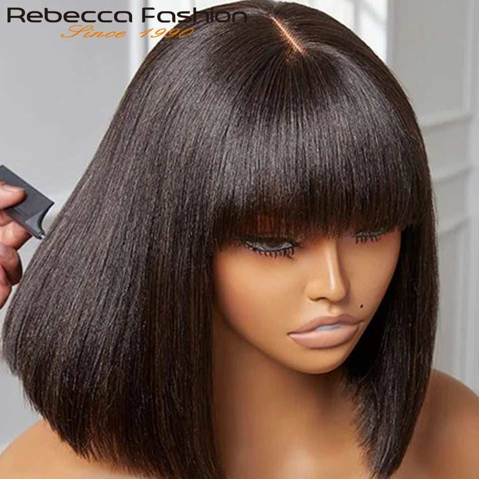 Straight Human Hair With Bangs Fringe Middle Part Bob Lace Wigs