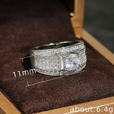 925 Sterling Silver Men AAA Crystal Zircon Stone Wedding Ring