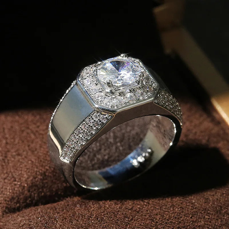 925 Sterling Silver Men AAA Crystal Zircon Stone Wedding Ring