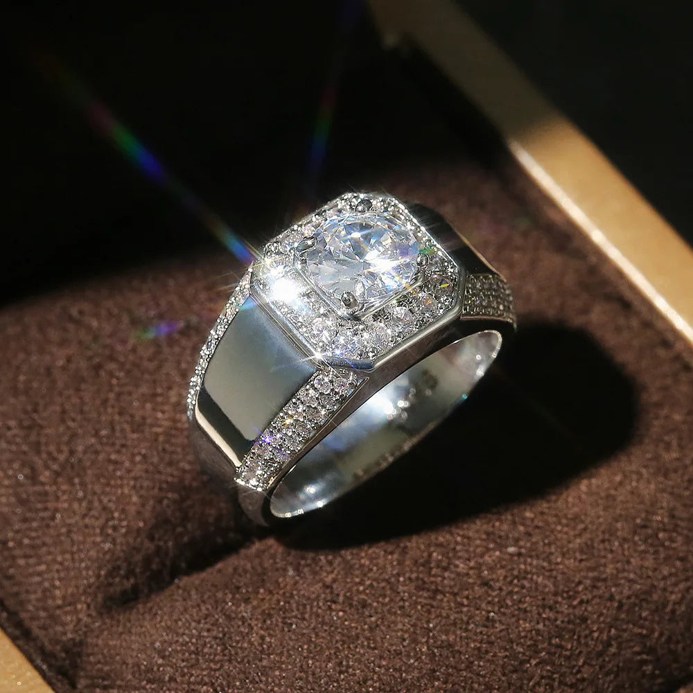 925 Sterling Silver Men AAA Crystal Zircon Stone Wedding Ring