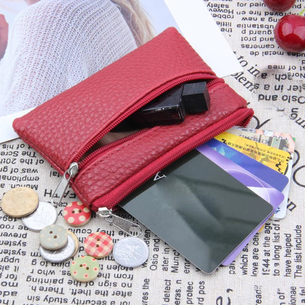 Mini PU Leather Coin Purse for Female with 2 Zippers