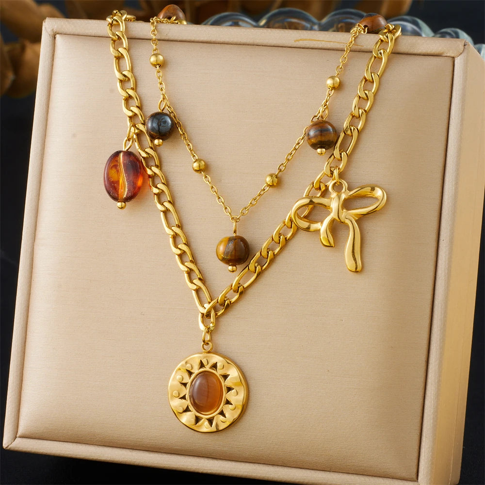 Stainless Steel Gold Multiple Pendant Necklace for Women