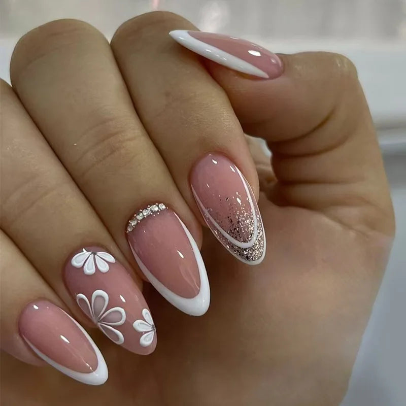 24Pcs Almond Long French False Nails