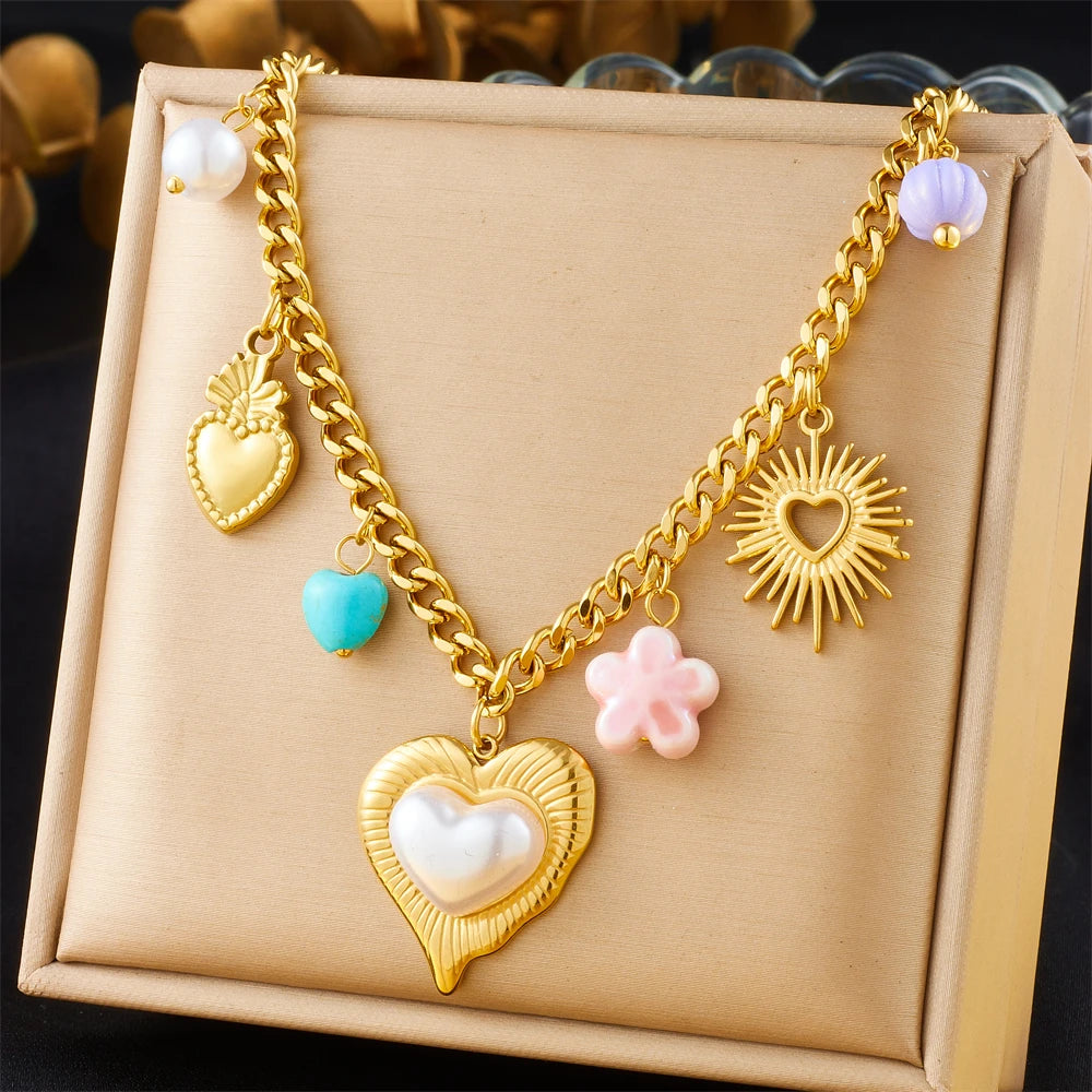 Stainless Steel Gold Multiple Pendant Necklace for Women