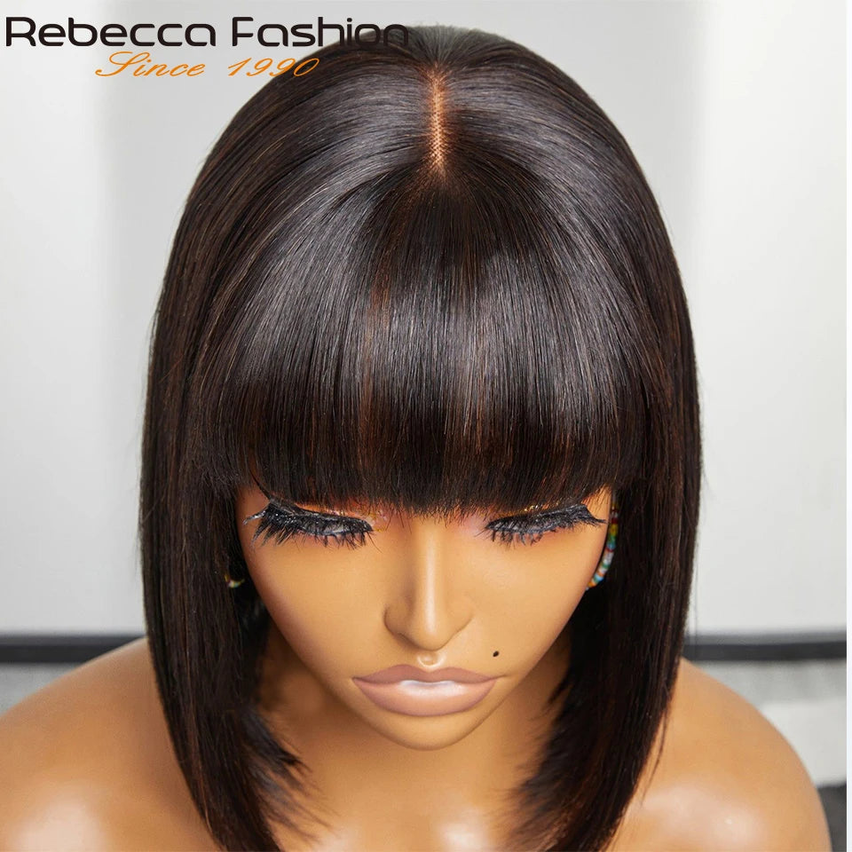 Straight Human Hair With Bangs Fringe Middle Part Bob Lace Wigs