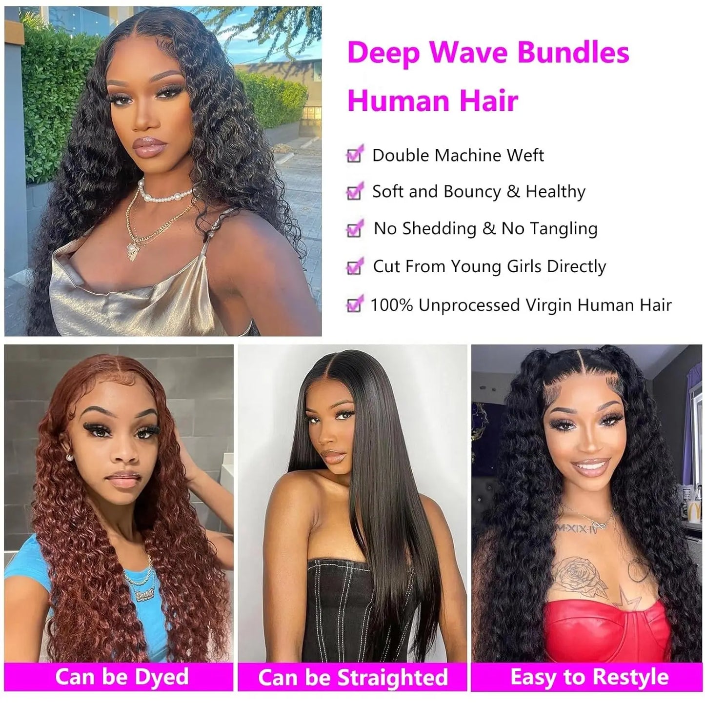 Brazilian Virgin Human Hair With Deep Wave Bundles & Closure