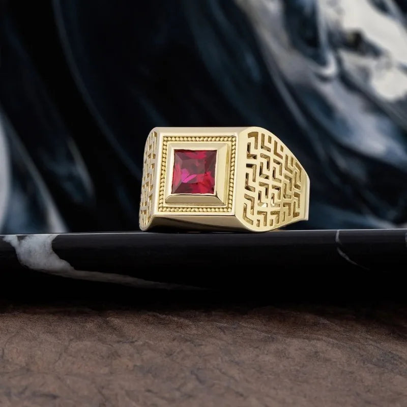 Gold Color Square Hollow with Red Stone Rings