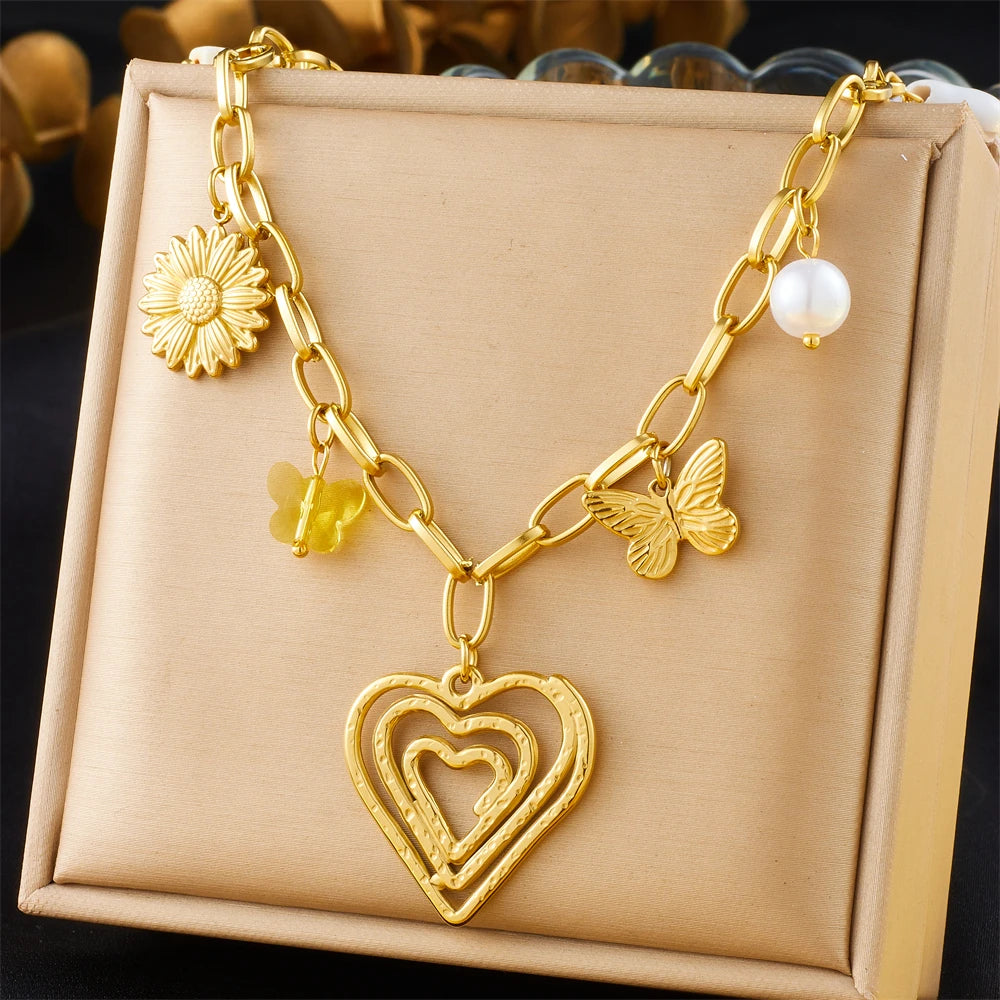 Stainless Steel Gold Multiple Pendant Necklace for Women