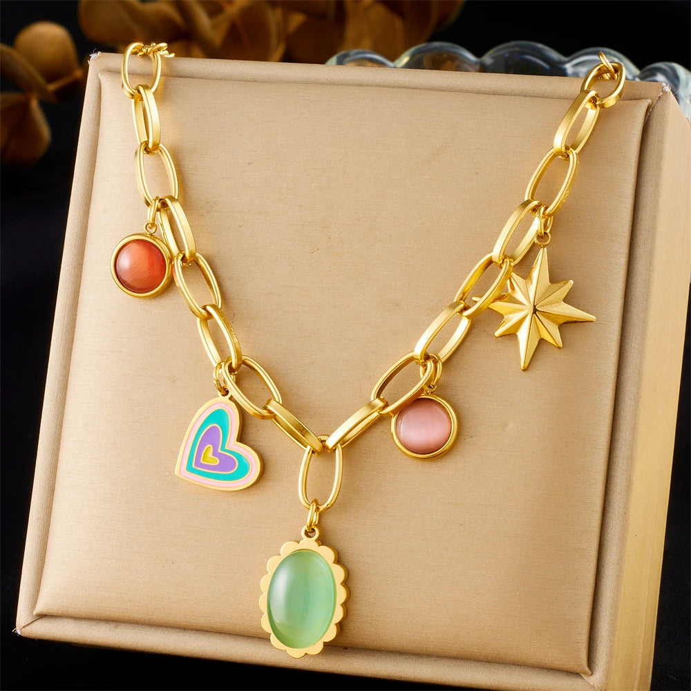 Stainless Steel Gold Multiple Pendant Necklace for Women