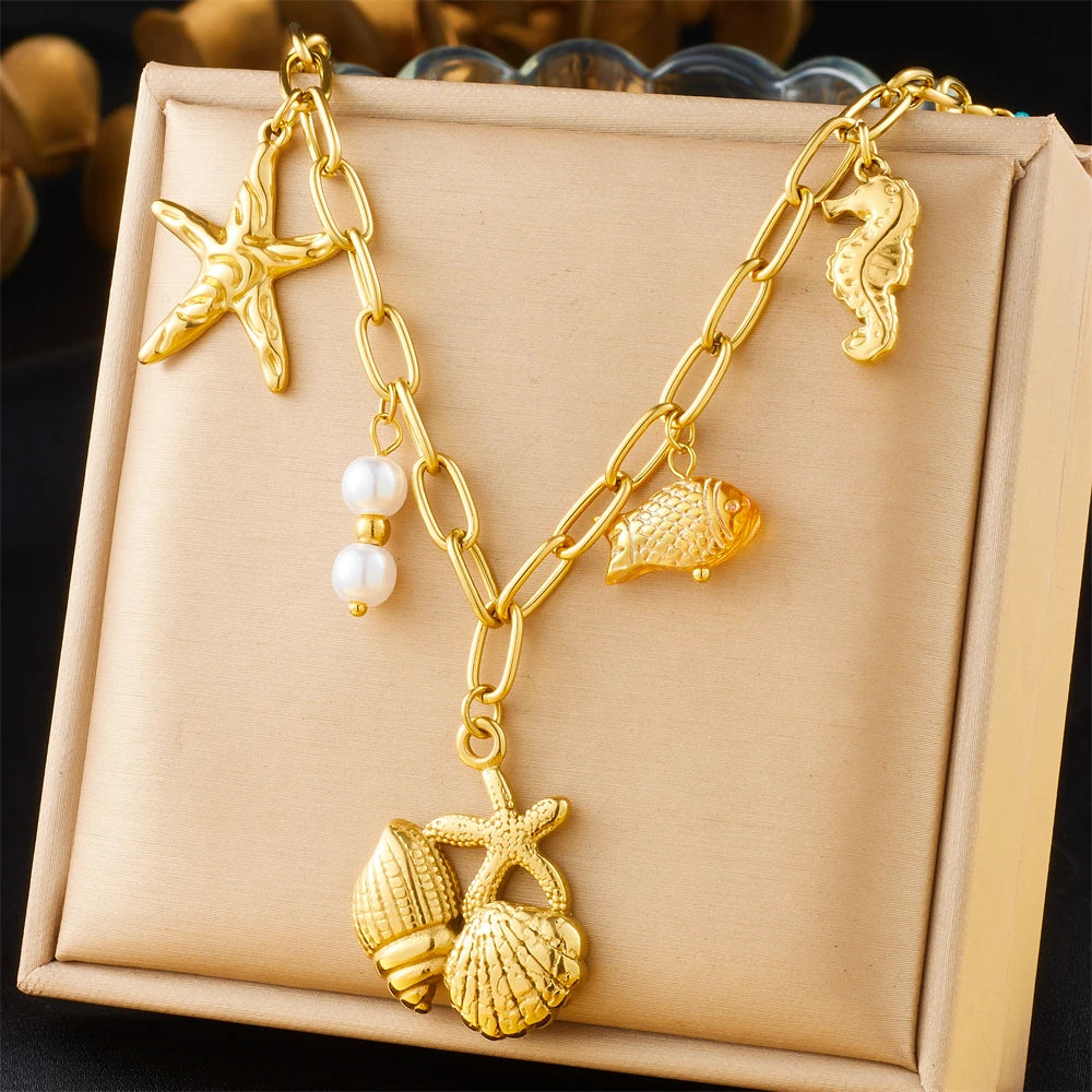 Stainless Steel Gold Multiple Pendant Necklace for Women