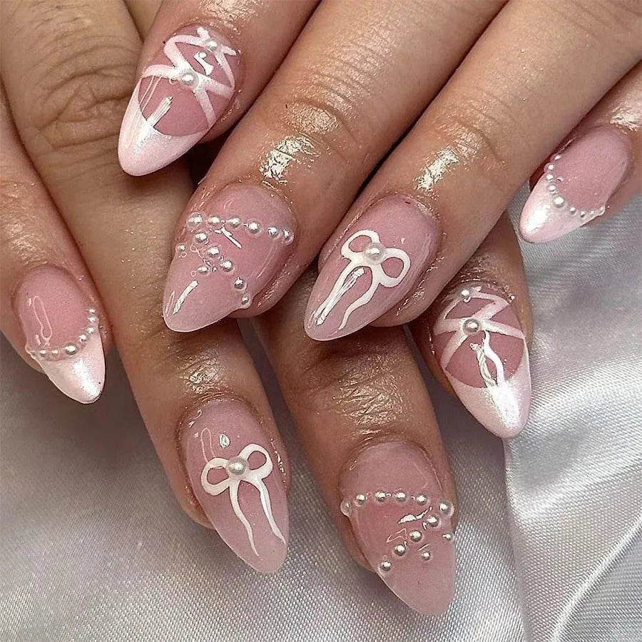 24Pcs Almond Long French False Nails