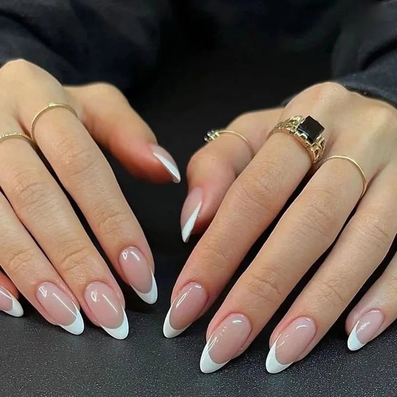 24Pcs Pink French Press on Fake Nails with Glue