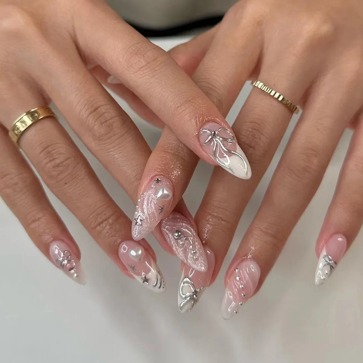 24Pcs Pink French Press on Fake Nails with Glue