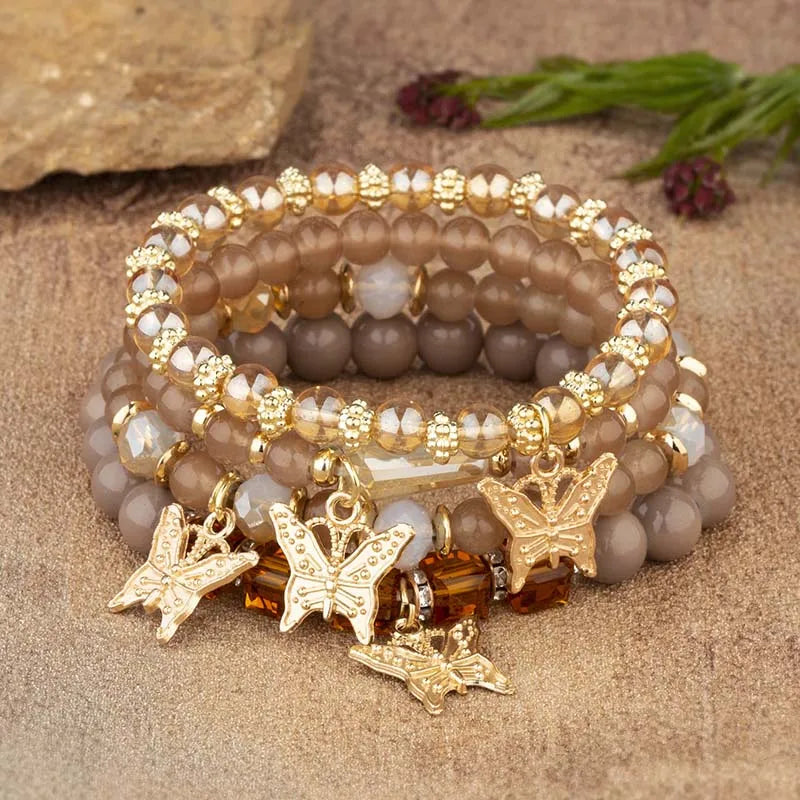 4Pcs Trendy Butterfly Elastic Beaded Bracelet Set For Women