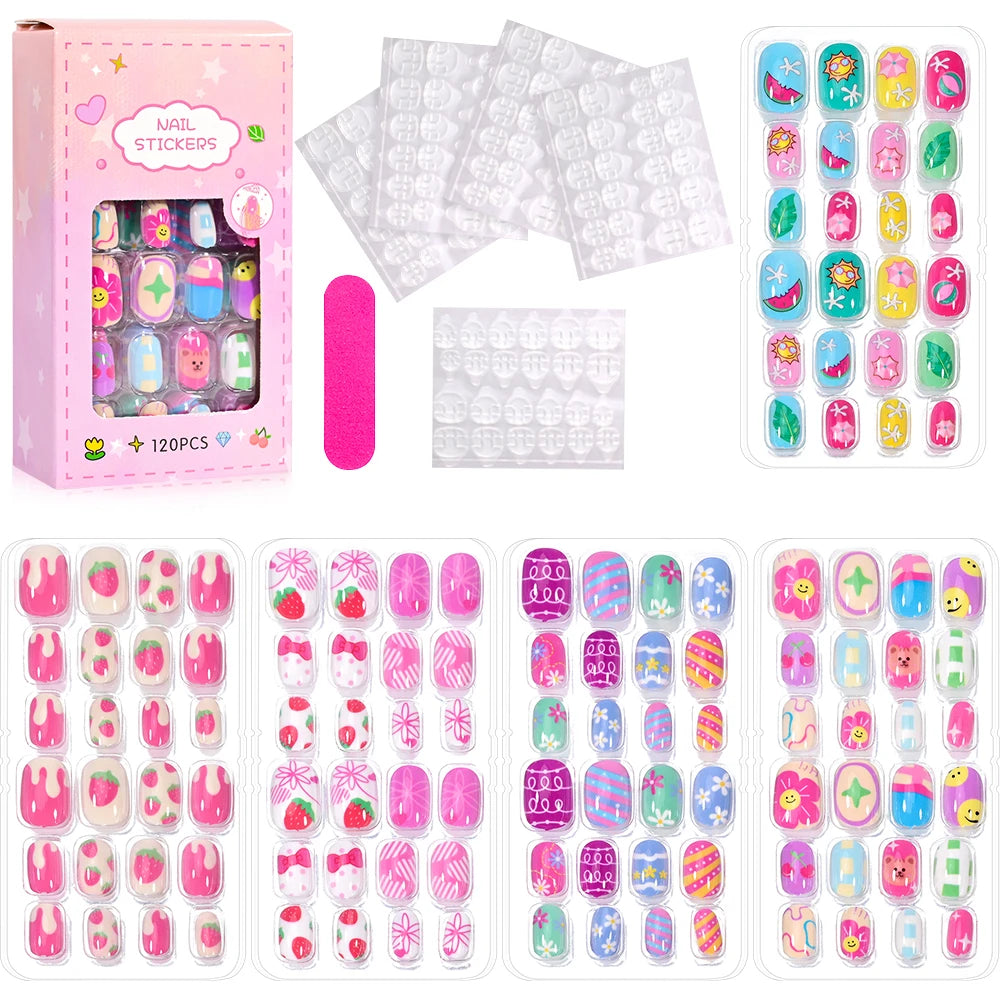 120 Children's Press on Kids Cartoon Acrylic Fake Nails