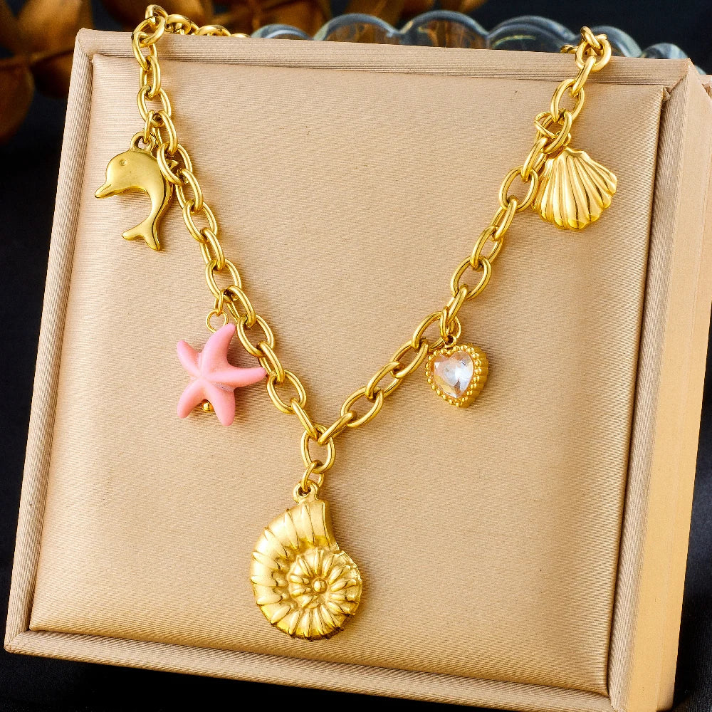 Stainless Steel Gold Multiple Pendant Necklace for Women