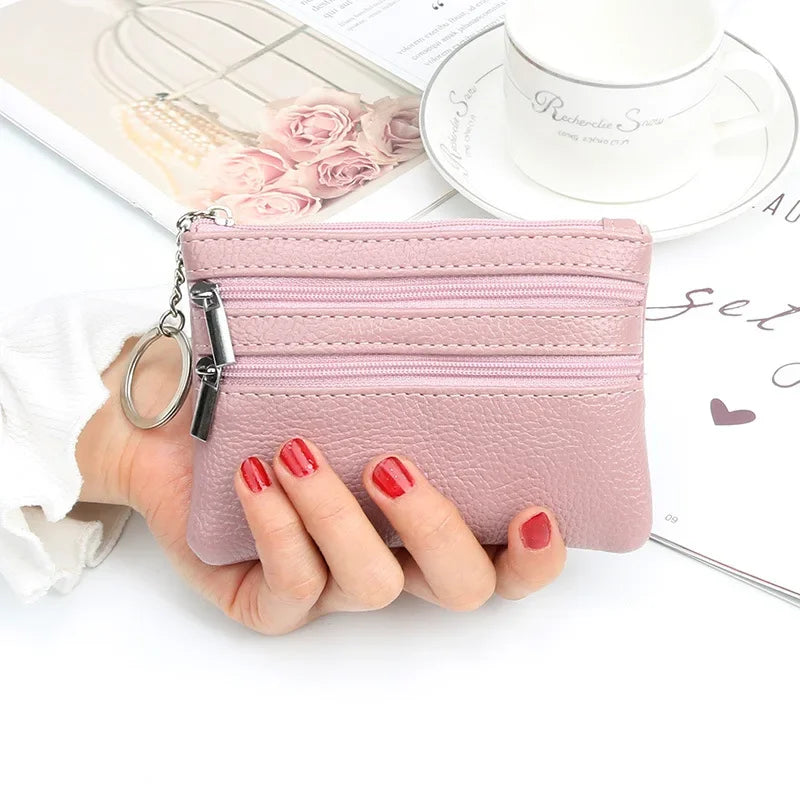 PU Mini Leather Women's Wallet Three Zippers with Keychain
