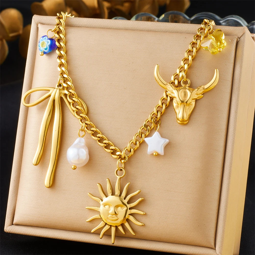 Stainless Steel Gold Multiple Pendant Necklace for Women