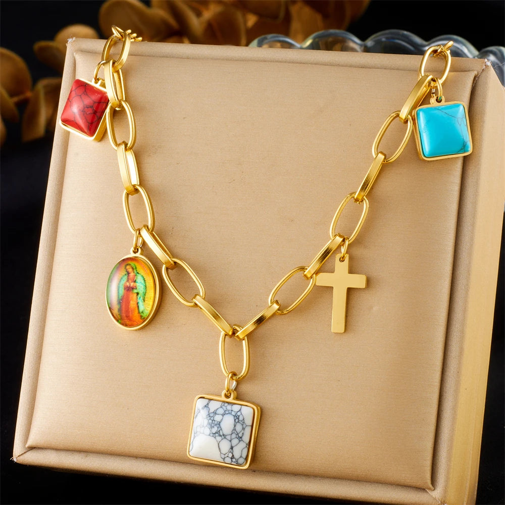 Stainless Steel Gold Multiple Pendant Necklace for Women