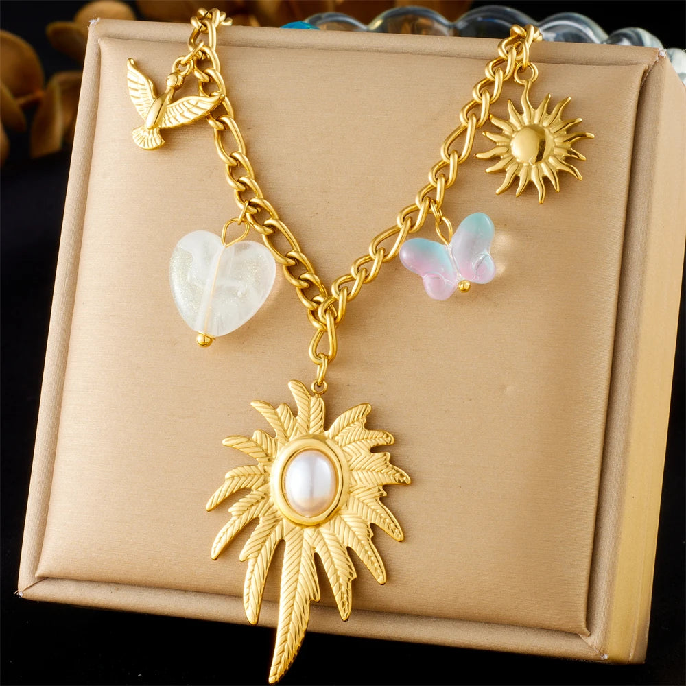 Stainless Steel Gold Multiple Pendant Necklace for Women