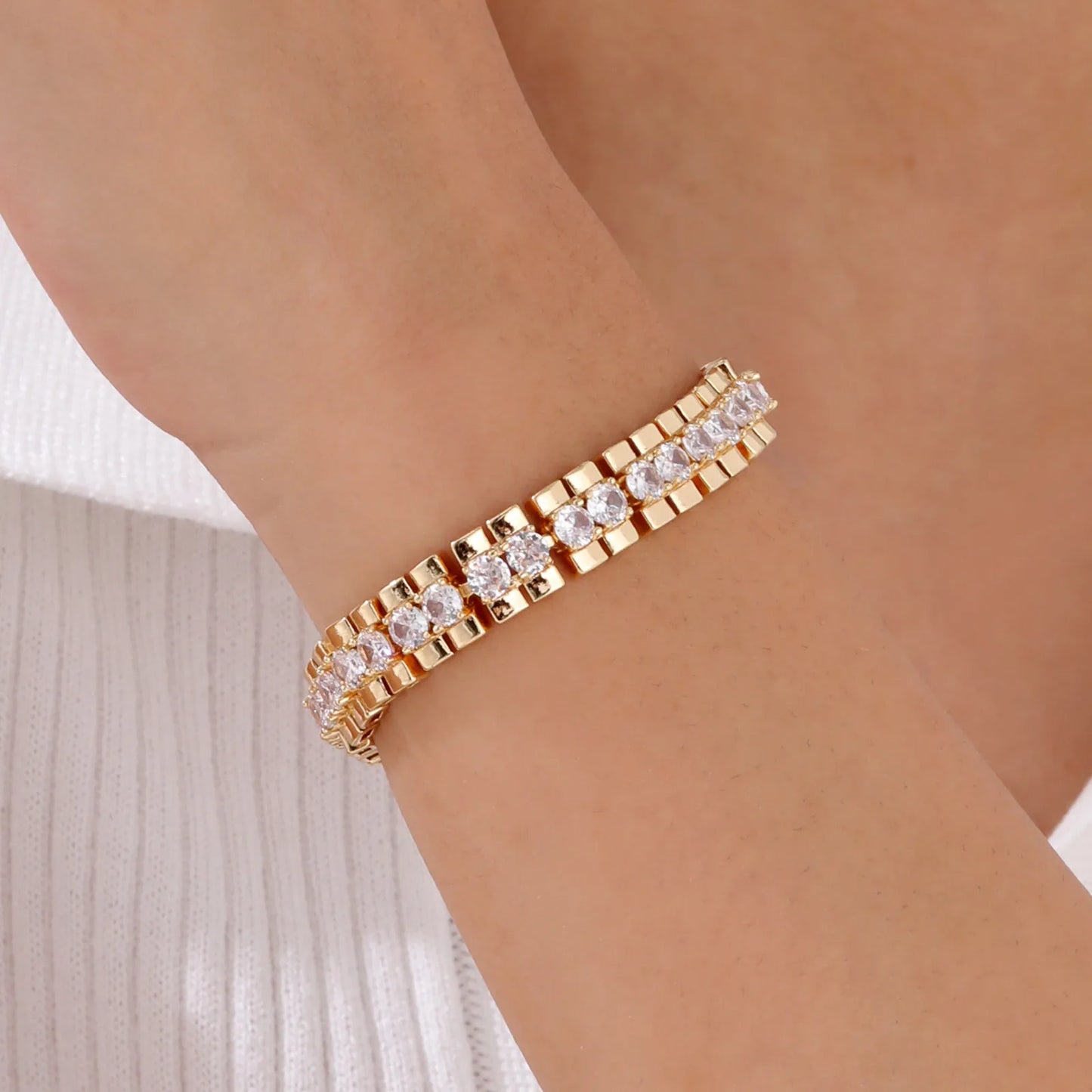 14K Gold Plated Cubic Zirconia Adjustable Bracelet Jewelry For Women