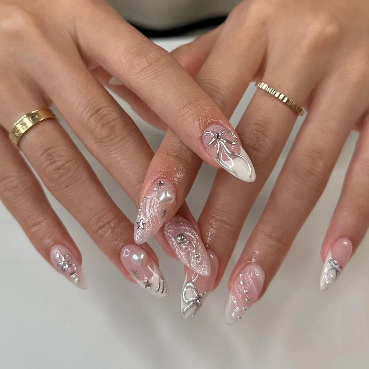 24Pcs Almond Long French False Nails