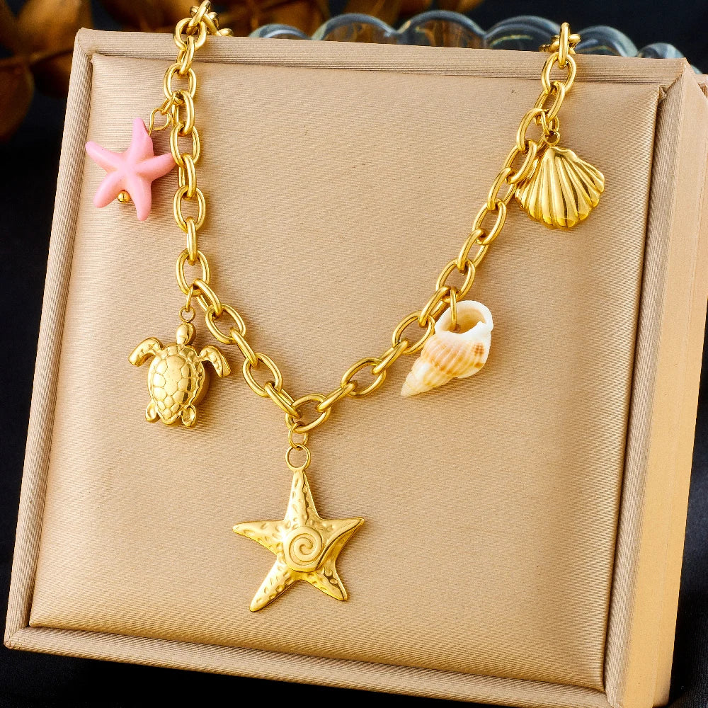 Stainless Steel Gold Multiple Pendant Necklace for Women