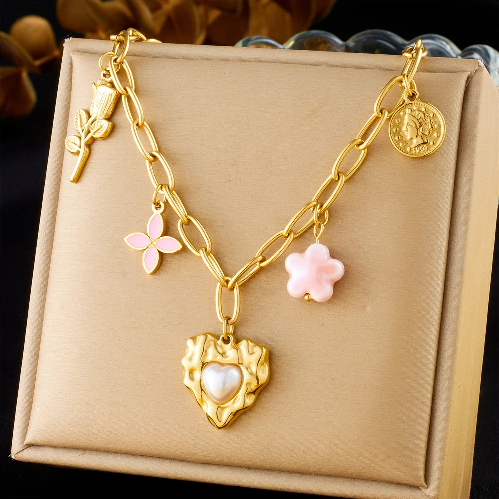 Stainless Steel Gold Multiple Pendant Necklace for Women