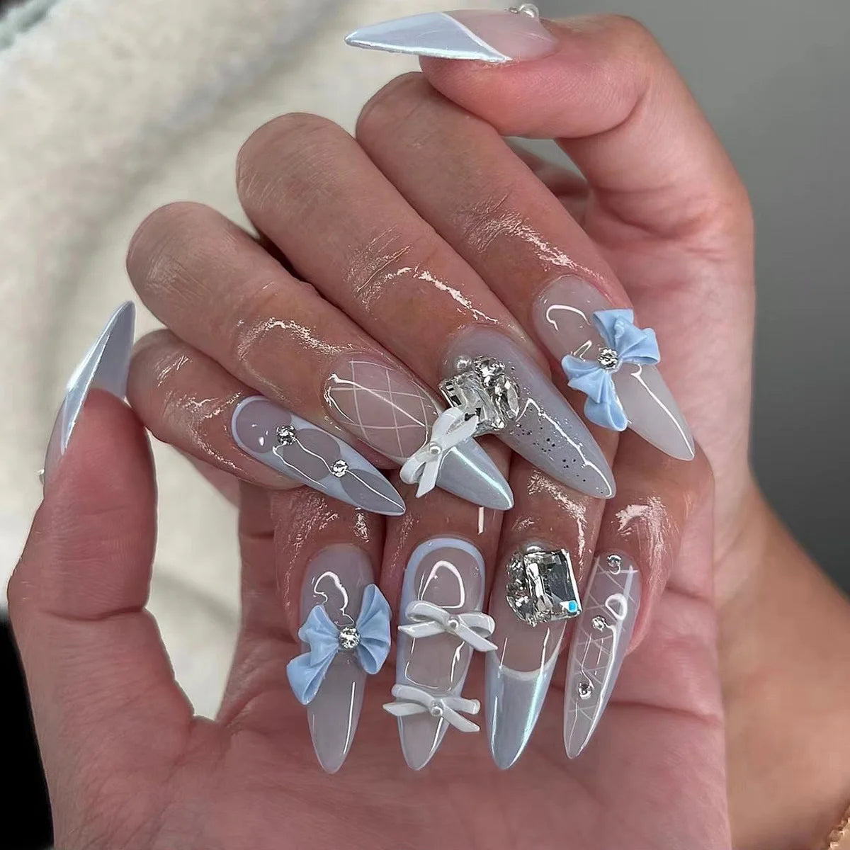 24Pcs Almond Long French False Nails