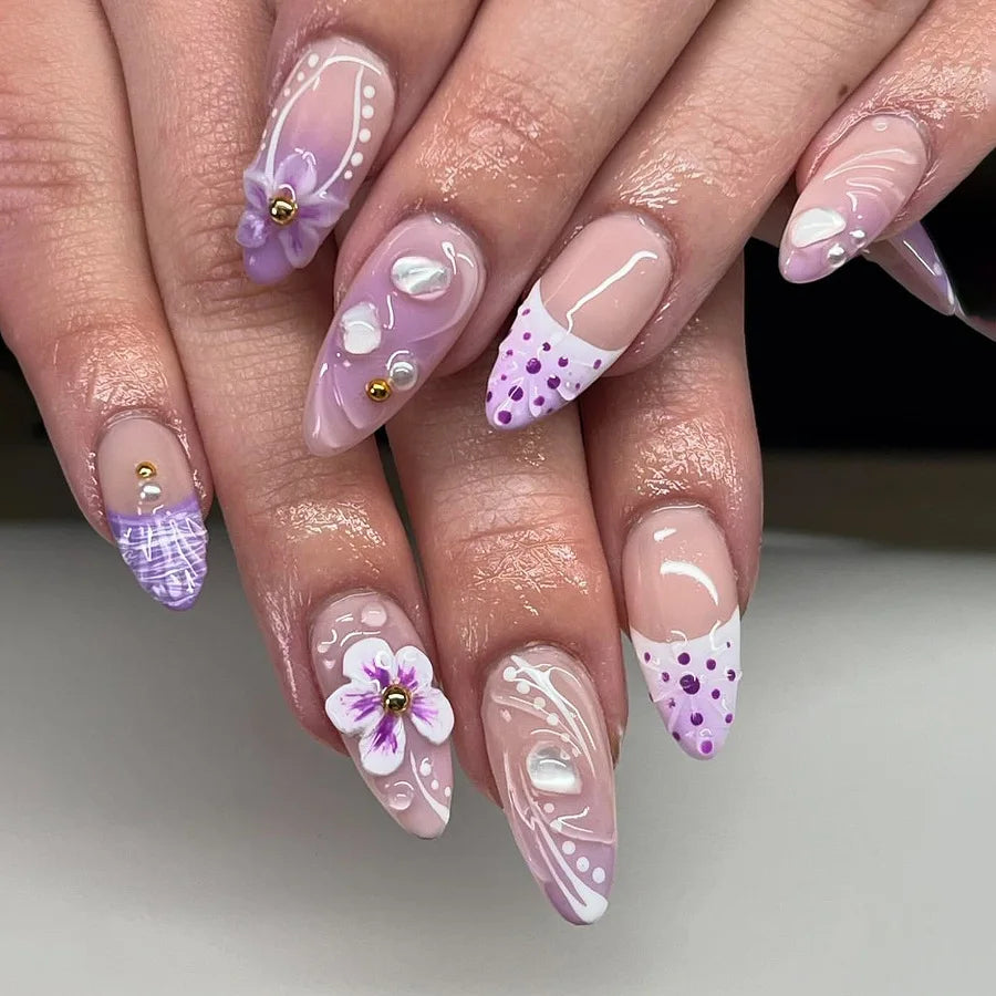 24Pcs Almond Long French False Nails