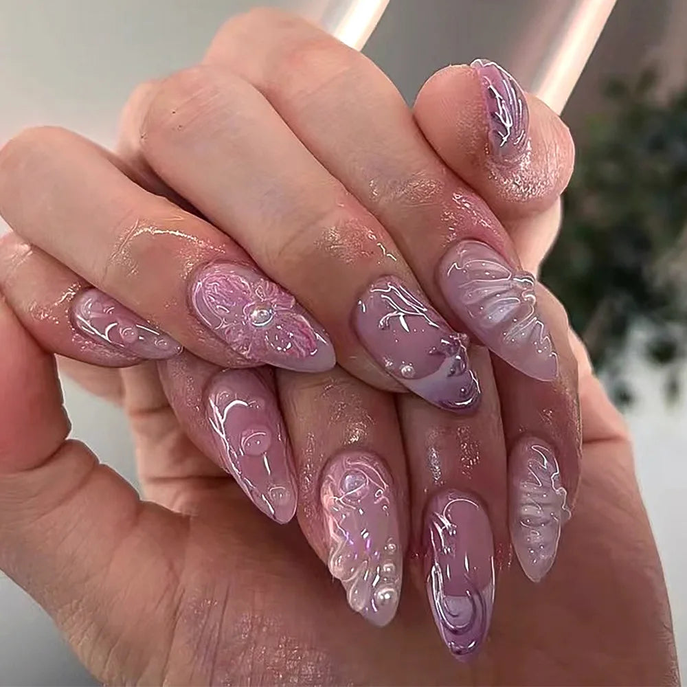 24Pcs Almond Long French False Nails