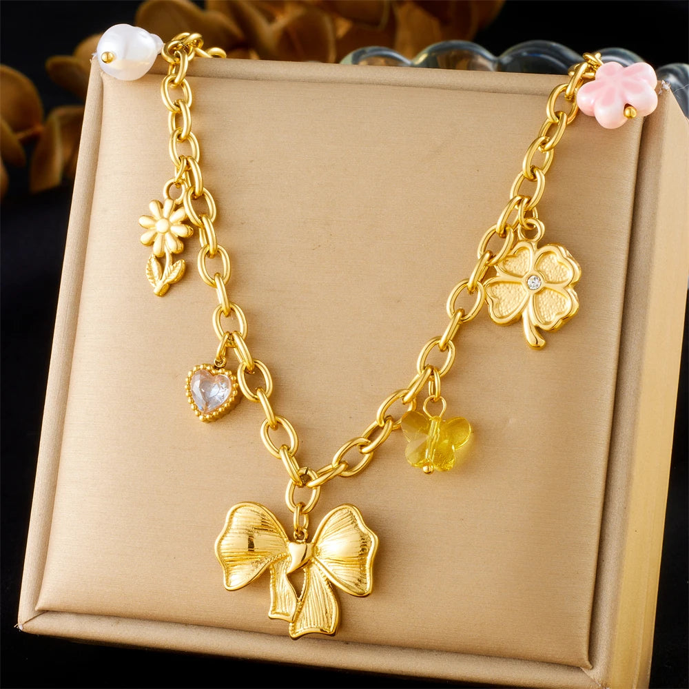 Stainless Steel Gold Multiple Pendant Necklace for Women