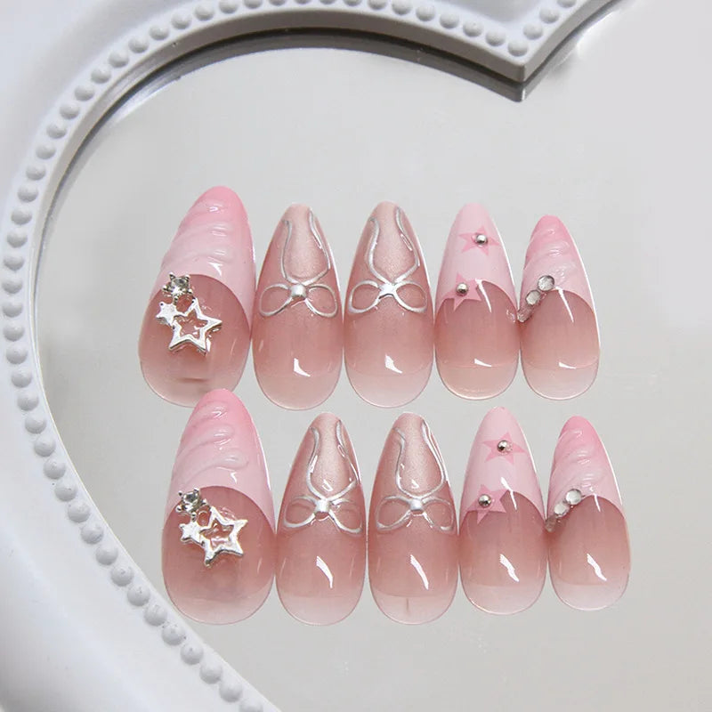 24Pcs Pink French Press on Fake Nails with Glue
