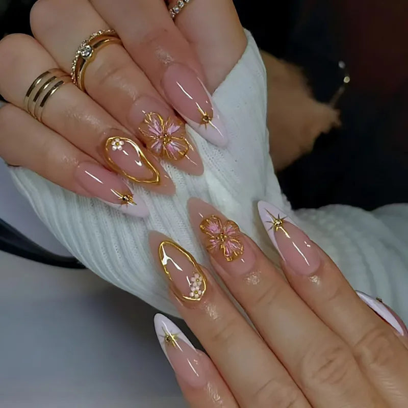 24Pcs Almond Long French False Nails