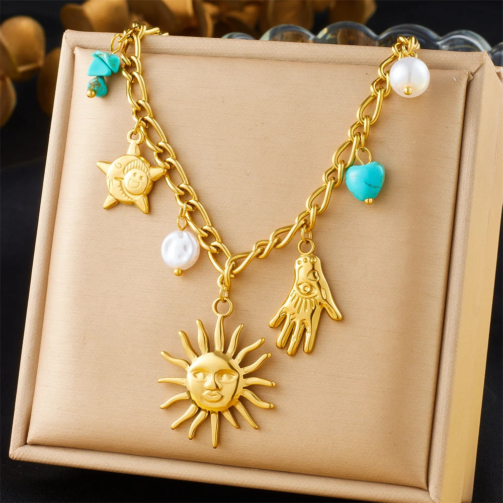 Stainless Steel Gold Multiple Pendant Necklace for Women