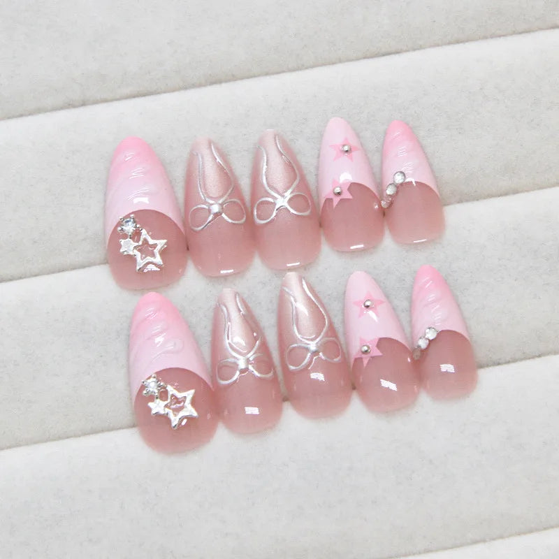 24Pcs Pink French Press on Fake Nails with Glue