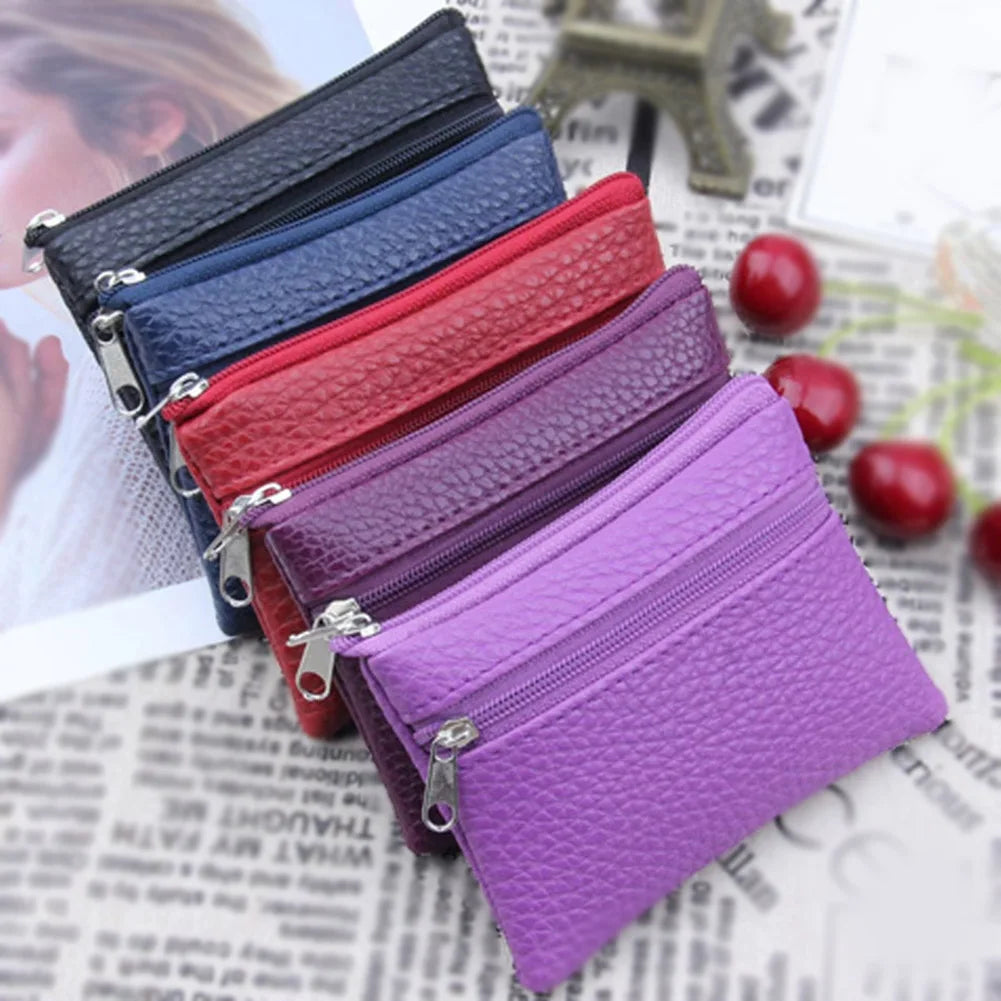 Mini PU Leather Coin Purse for Female with 2 Zippers