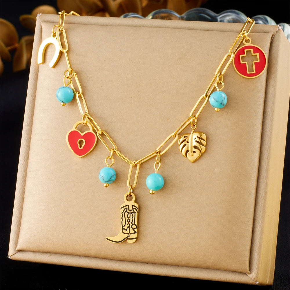 Stainless Steel Gold Multiple Pendant Necklace for Women