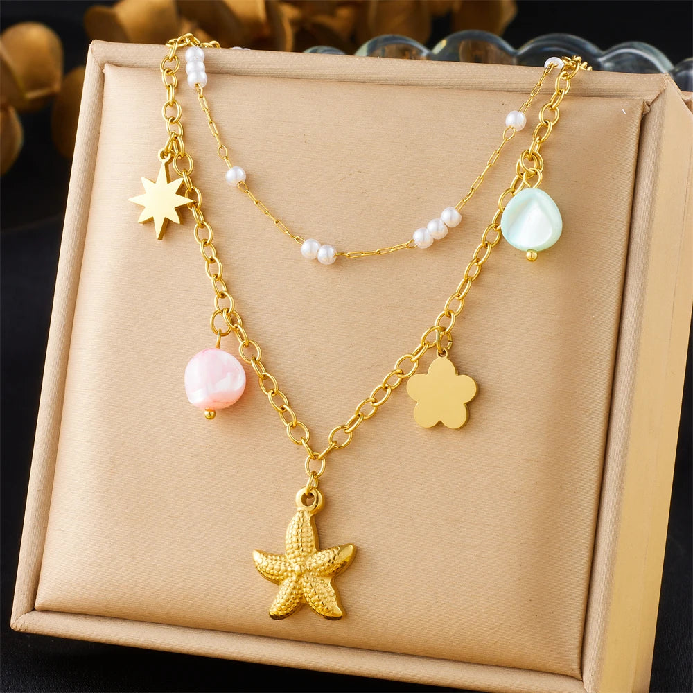 Stainless Steel Gold Multiple Pendant Necklace for Women