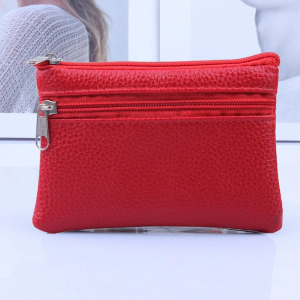 Mini PU Leather Coin Purse for Female with 2 Zippers