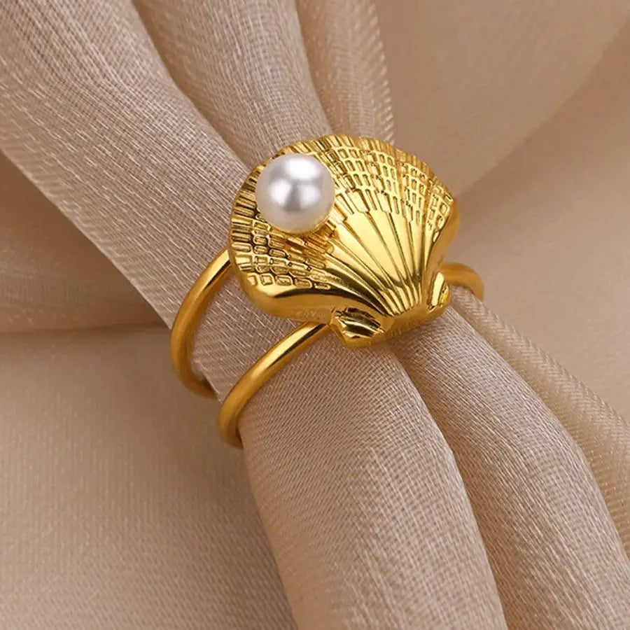 Gold Plated Starfish & Shell Pearl Rings for Women