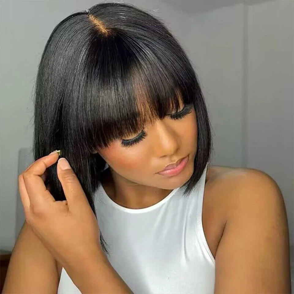 Straight Human Hair With Bangs Fringe Middle Part Bob Lace Wigs