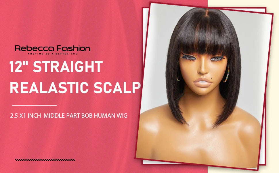 Straight Human Hair With Bangs Fringe Middle Part Bob Lace Wigs