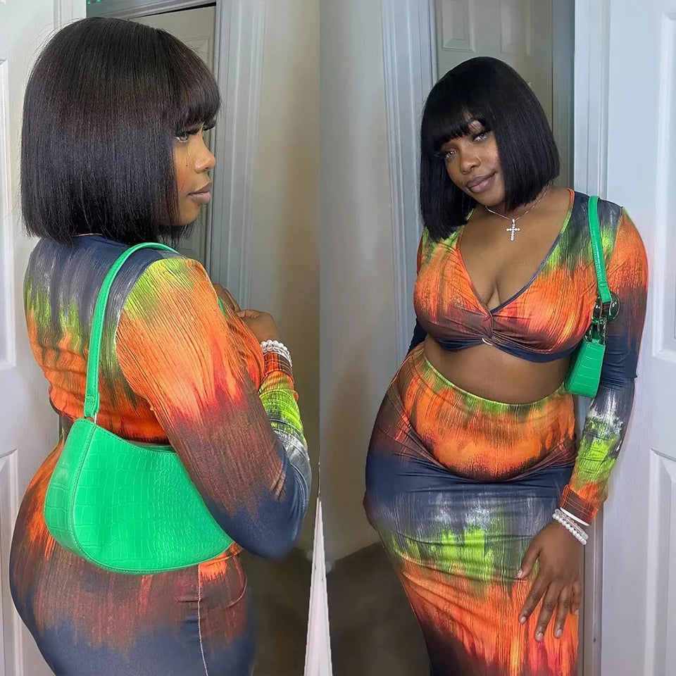 Straight Human Hair With Bangs Fringe Middle Part Bob Lace Wigs