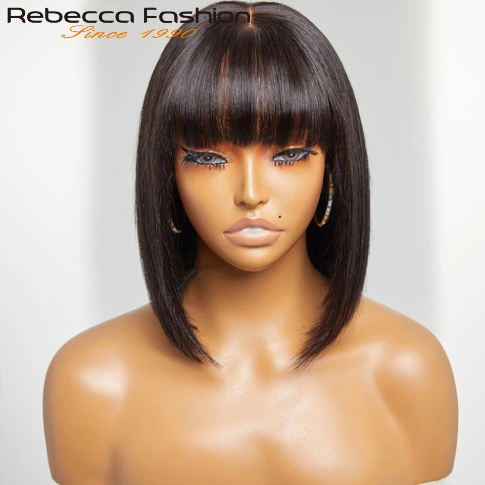 Straight Human Hair With Bangs Fringe Middle Part Bob Lace Wigs
