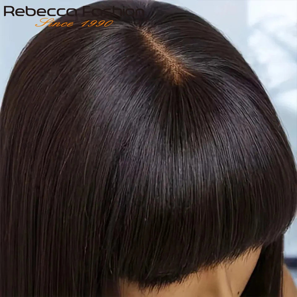Straight Human Hair With Bangs Fringe Middle Part Bob Lace Wigs