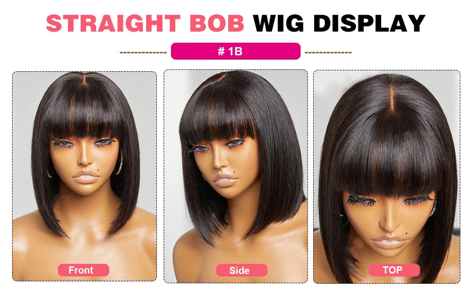 Straight Human Hair With Bangs Fringe Middle Part Bob Lace Wigs