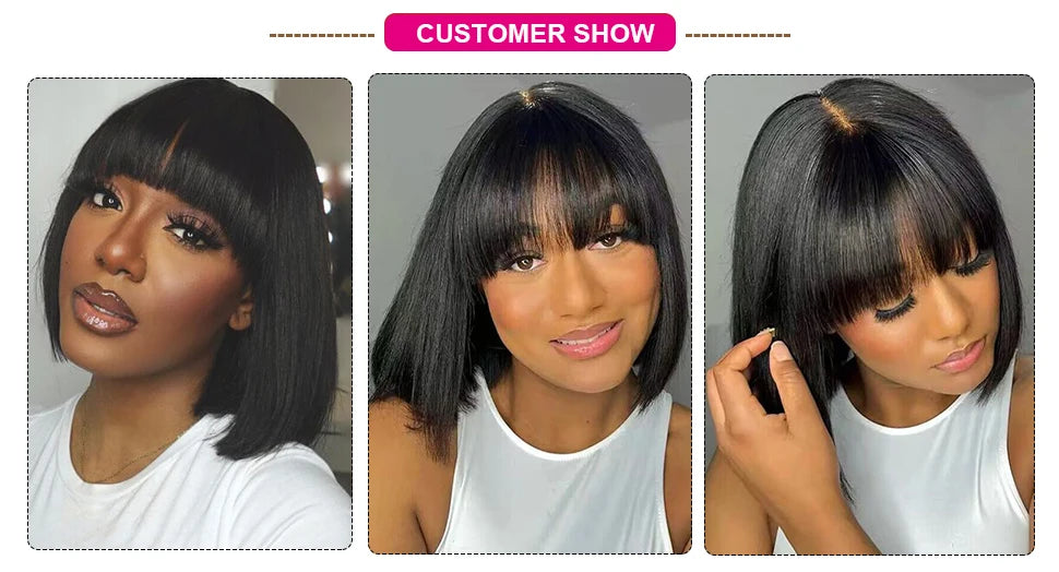 Straight Human Hair With Bangs Fringe Middle Part Bob Lace Wigs