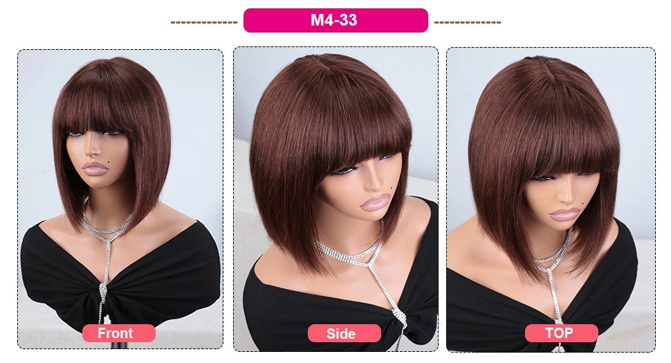 Straight Human Hair With Bangs Fringe Middle Part Bob Lace Wigs