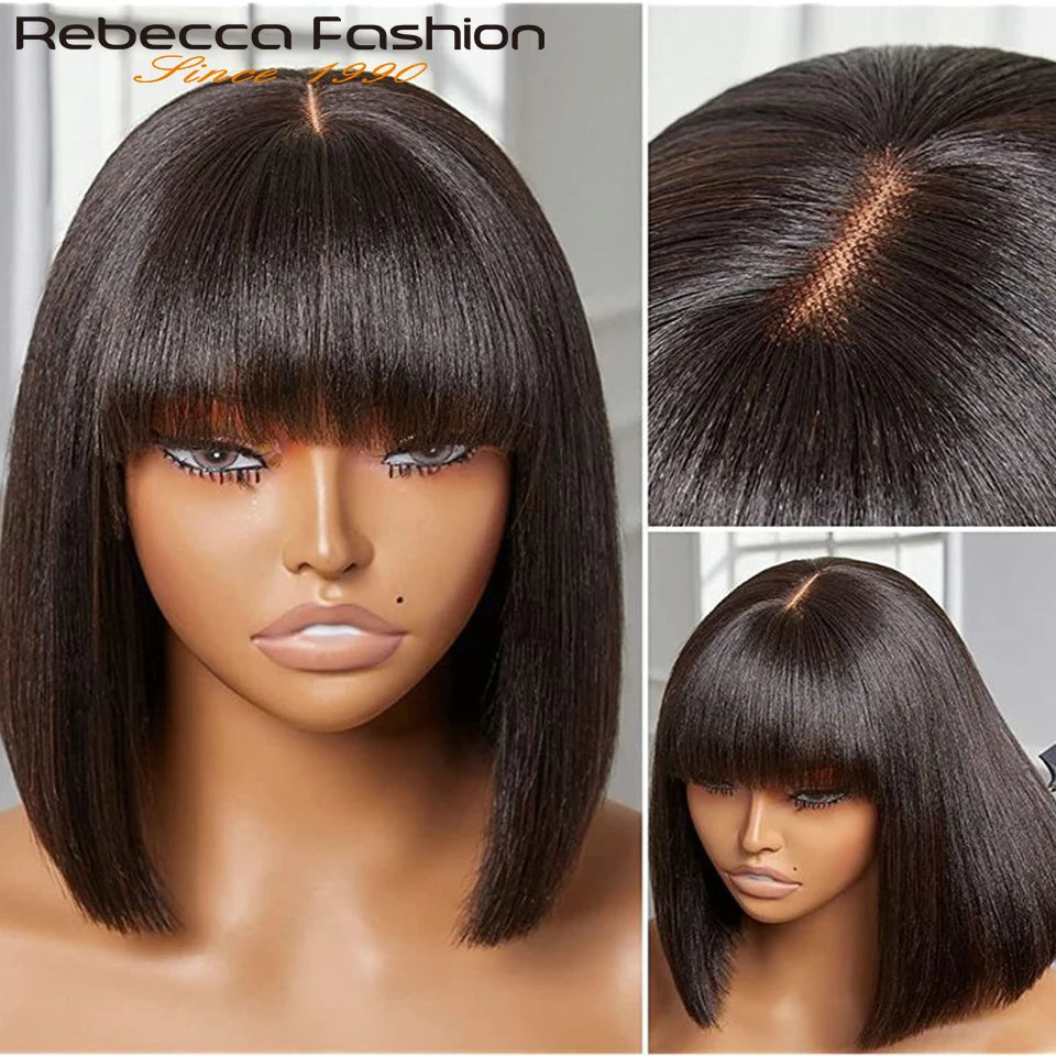 Straight Human Hair With Bangs Fringe Middle Part Bob Lace Wigs
